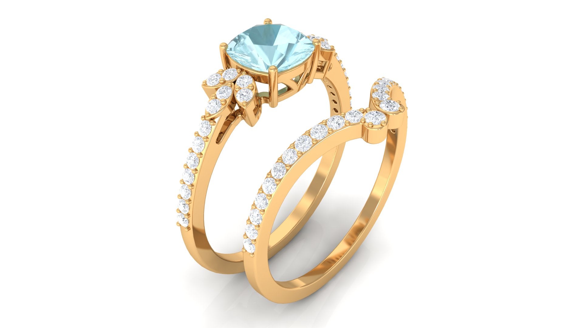 2 CT Cushion Cut Sky Blue Topaz and Diamond Bridal Ring Set Sky Blue Topaz - ( AAA ) - Quality - Rosec Jewels