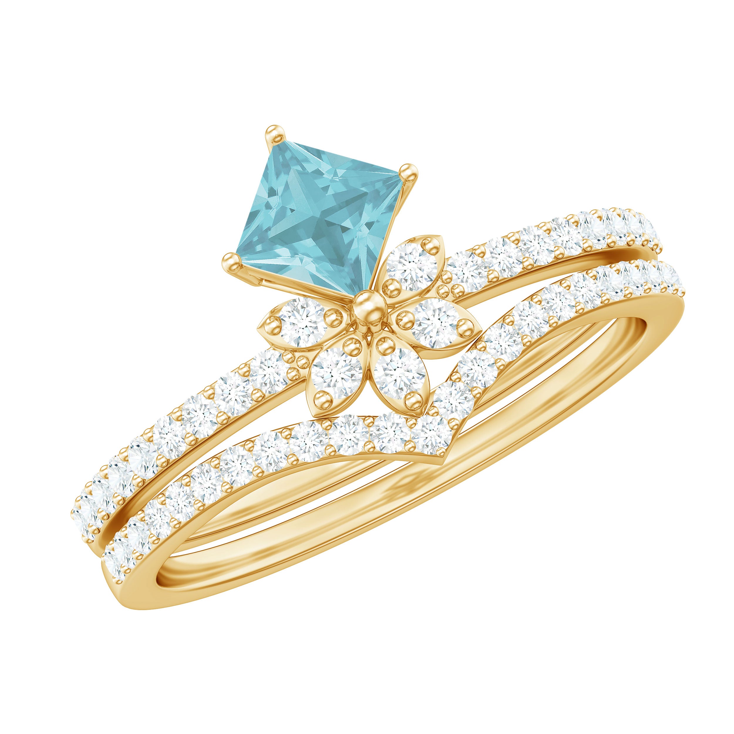1.75 CT Princess Cut Sky Blue Topaz and Diamond Flower Ring Set Sky Blue Topaz - ( AAA ) - Quality - Rosec Jewels