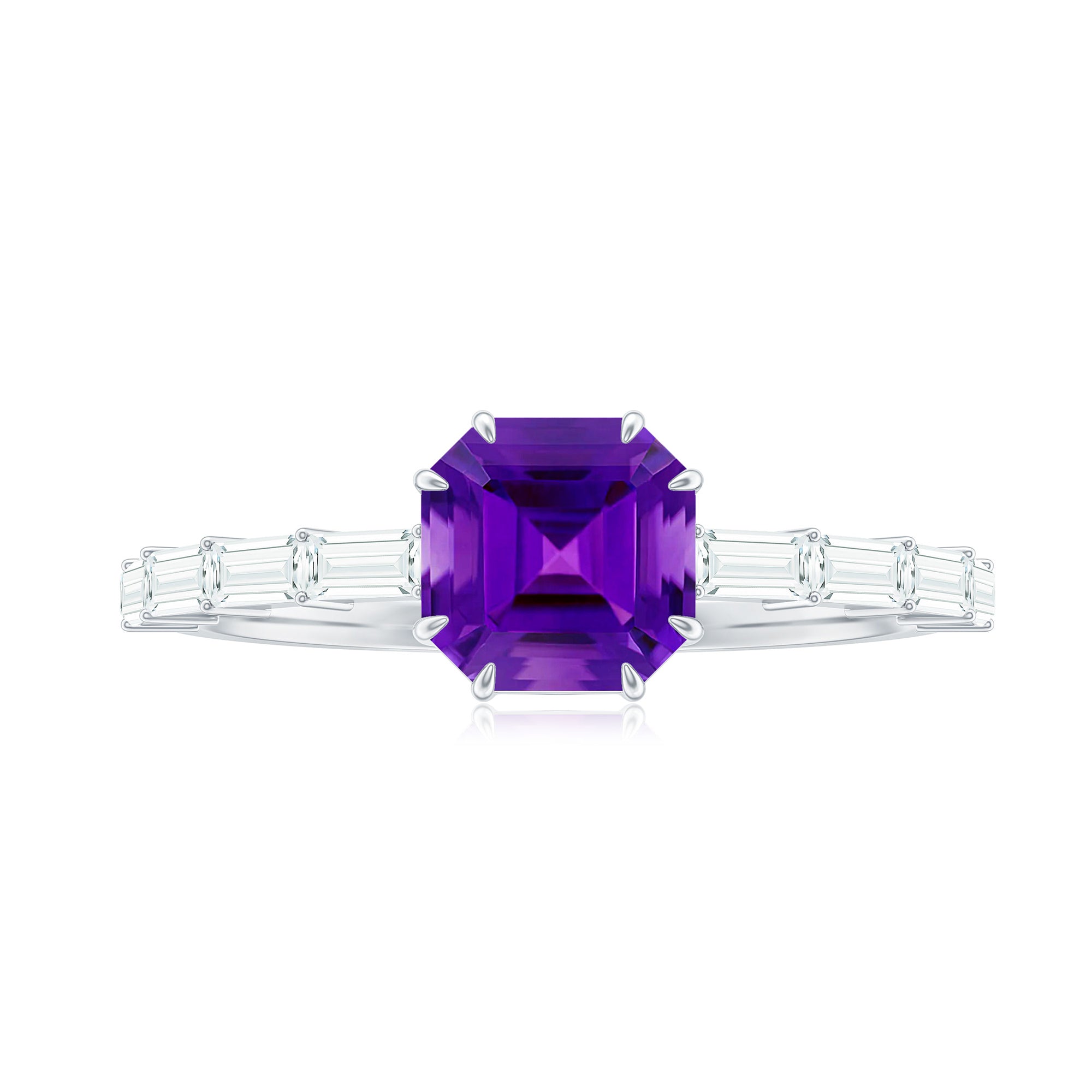 Asscher Amethyst Solitaire Engagement Ring with Diamond Amethyst - ( AAA ) - Quality - Rosec Jewels