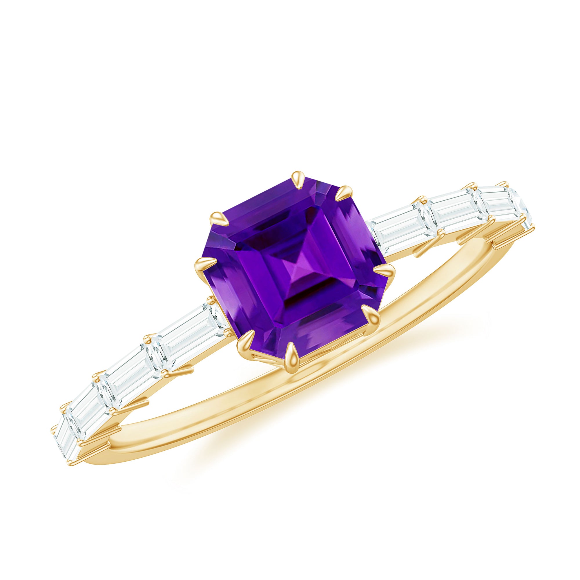 Asscher Amethyst Solitaire Engagement Ring with Diamond Amethyst - ( AAA ) - Quality - Rosec Jewels