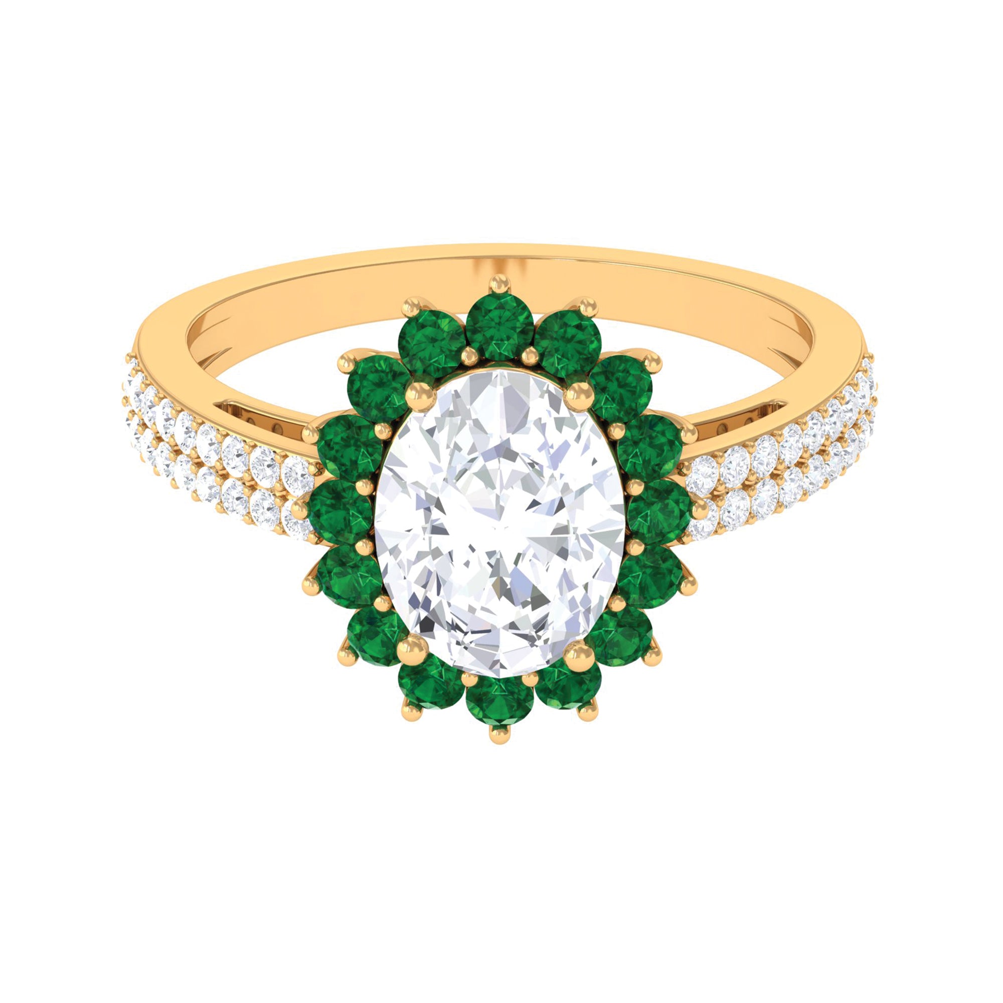 Moissanite Oval Engagement Ring With Lab Grown Emerald Halo Lab Created Emerald - ( AAAA ) - Quality - Rosec Jewels