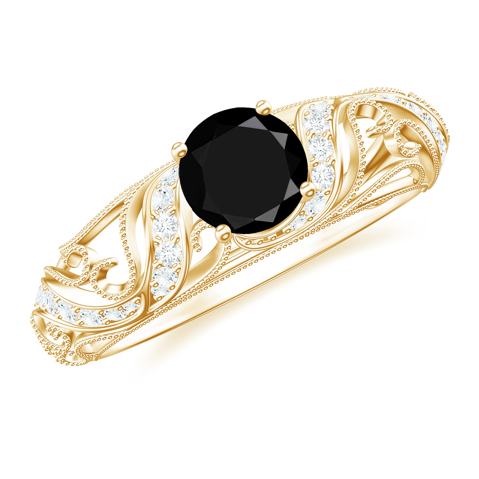 Round Black Spinel Vintage Inspired Engagement Ring with Diamond Black Spinel - ( AAA ) - Quality - Rosec Jewels