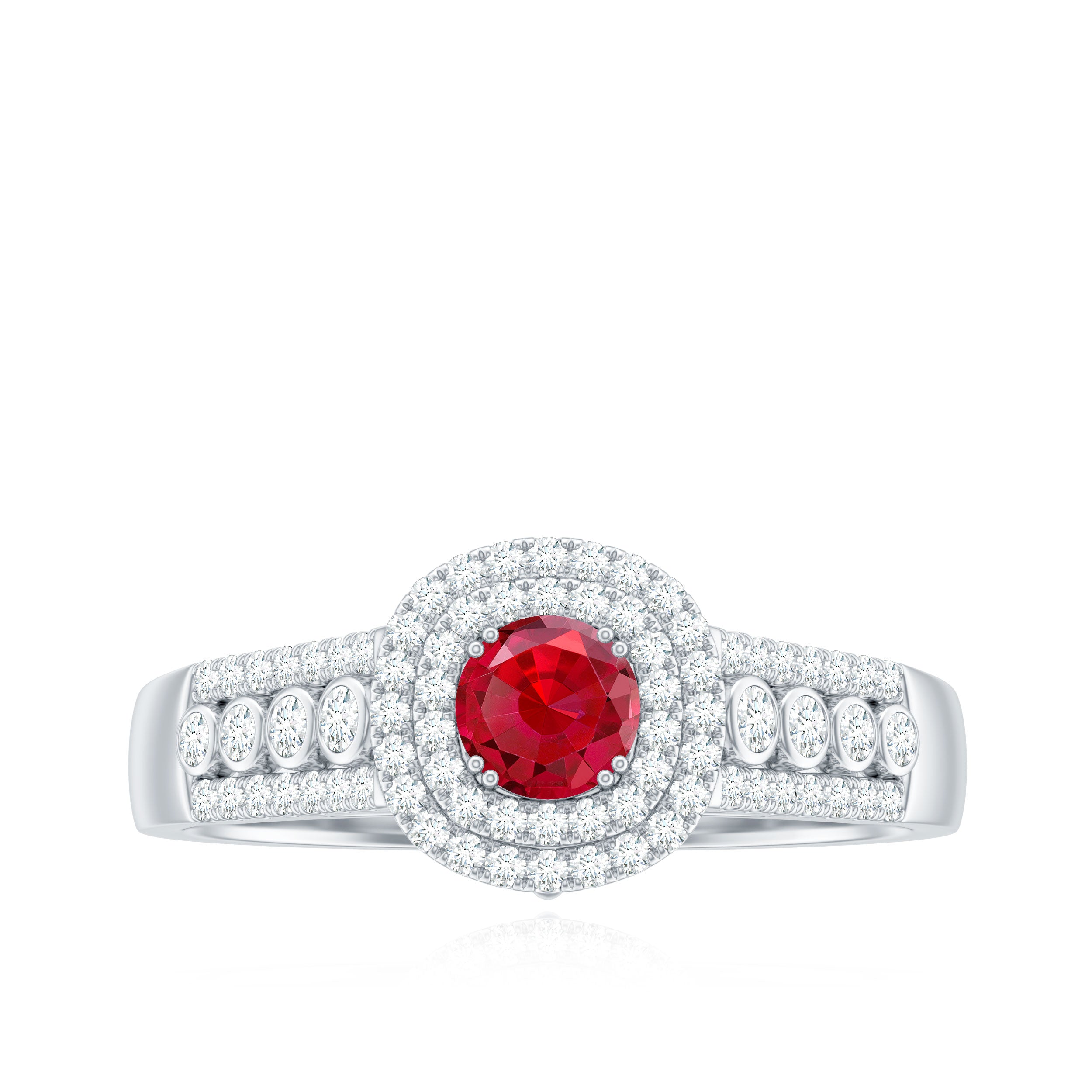 Classic Created Ruby and Moissanite Double Halo Engagement Ring Lab Created Ruby - ( AAAA ) - Quality - Rosec Jewels