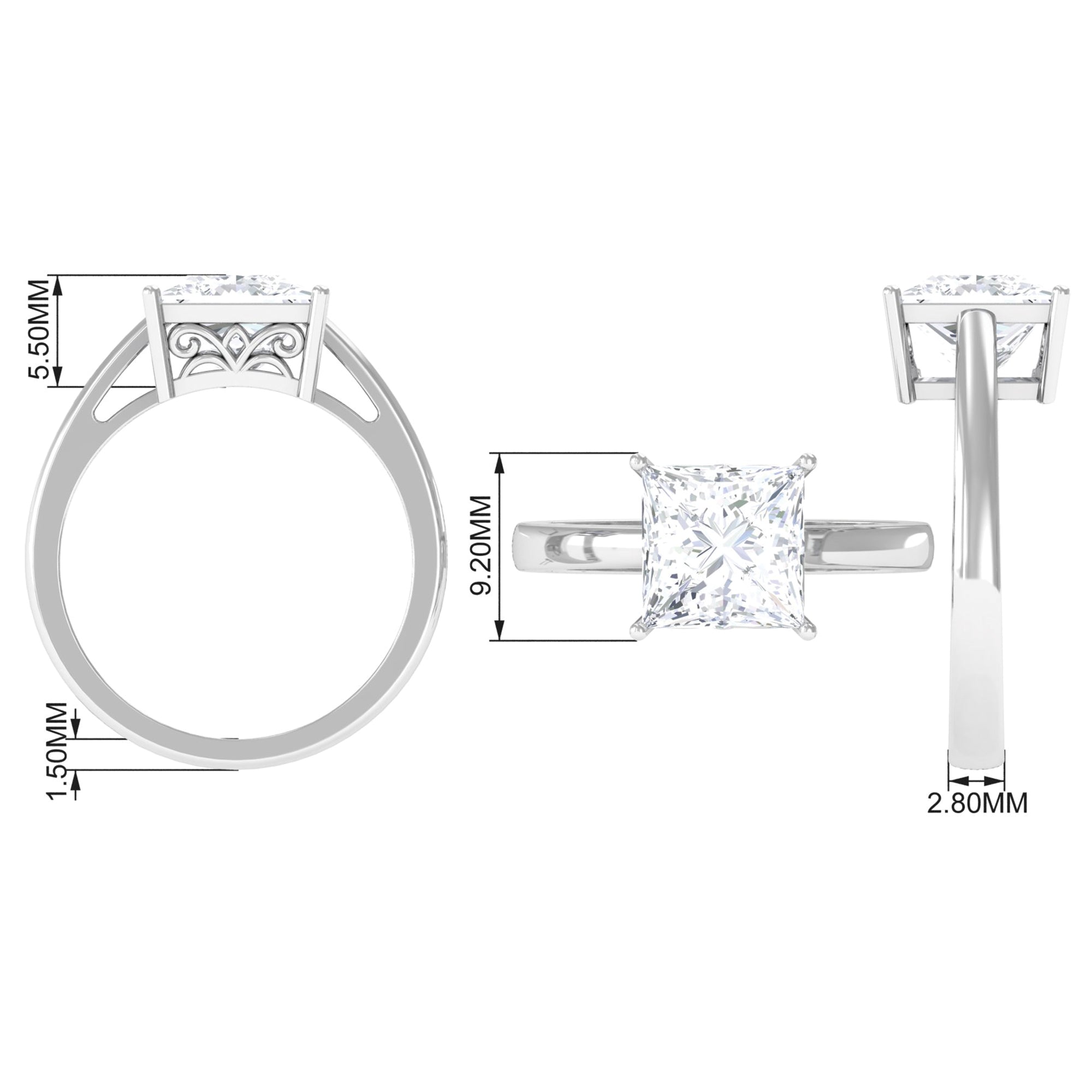 3.25 CT Moissanite Princess Cut Solitaire Band Ring Moissanite - ( D-VS1 ) - Color and Clarity - Rosec Jewels