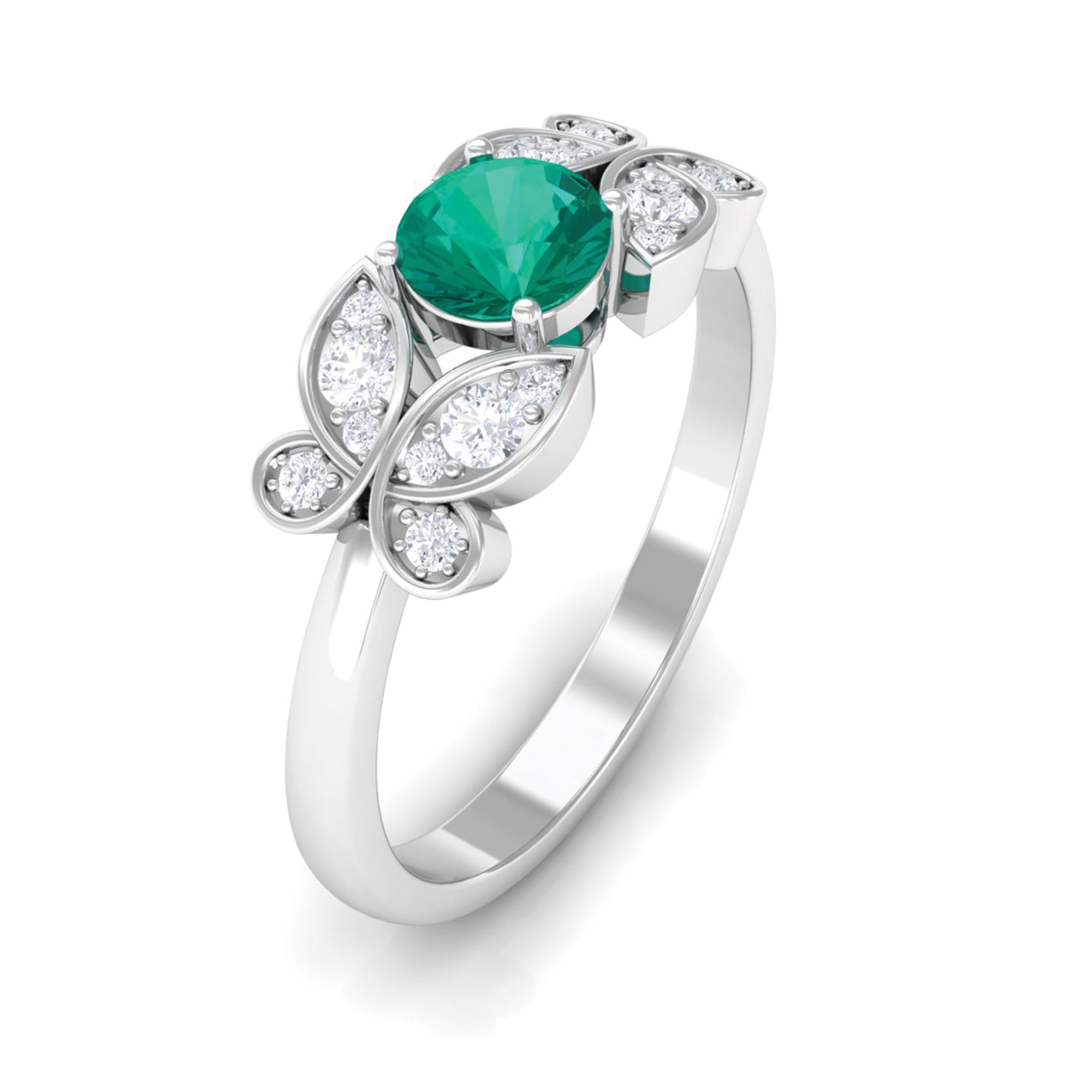 Round Emerald Butterfly Engagement Ring with Diamond Emerald - ( AAA ) - Quality - Rosec Jewels