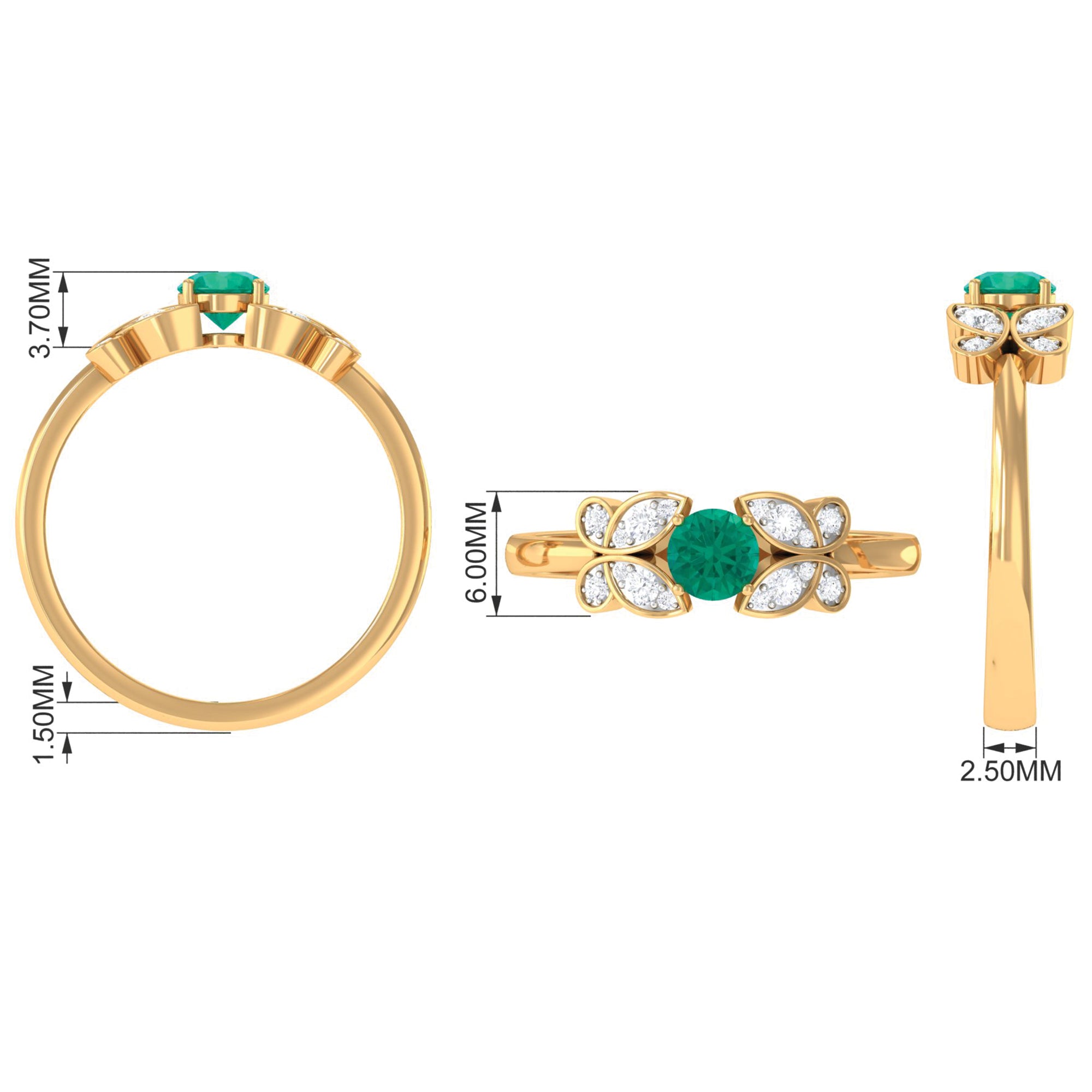 Round Emerald Butterfly Engagement Ring with Diamond Emerald - ( AAA ) - Quality - Rosec Jewels