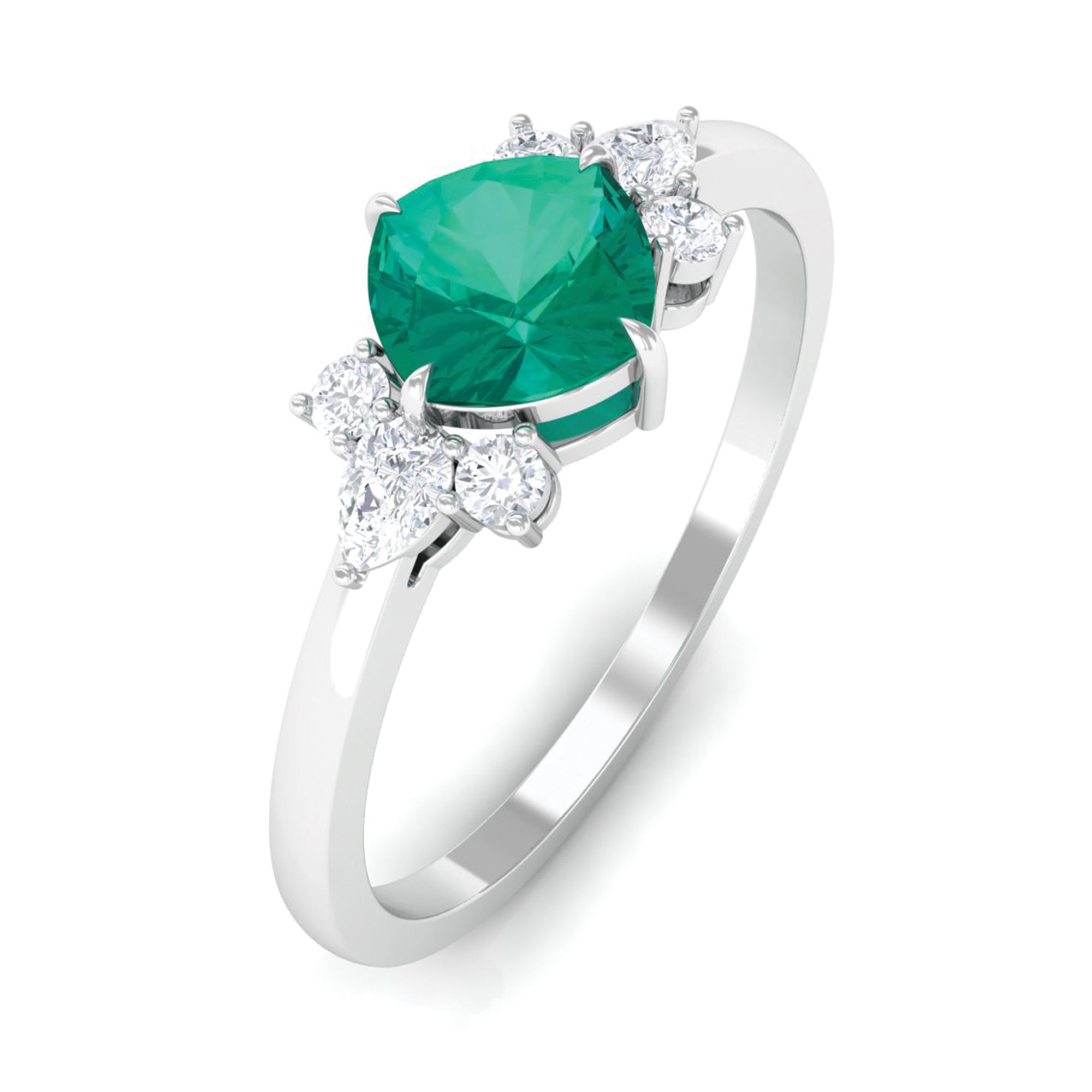 1 CT Cushion shape Emerald Solitaire Ring with Diamond Trio Emerald - ( AAA ) - Quality - Rosec Jewels