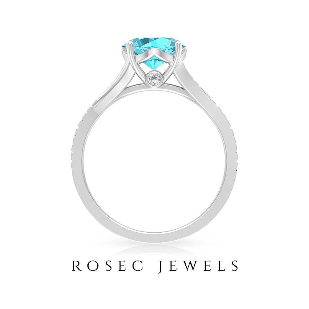 Split Shank Swiss Blue Topaz Solitaire Engagement Ring with Diamond Accent Swiss Blue Topaz - ( AAA ) - Quality - Rosec Jewels