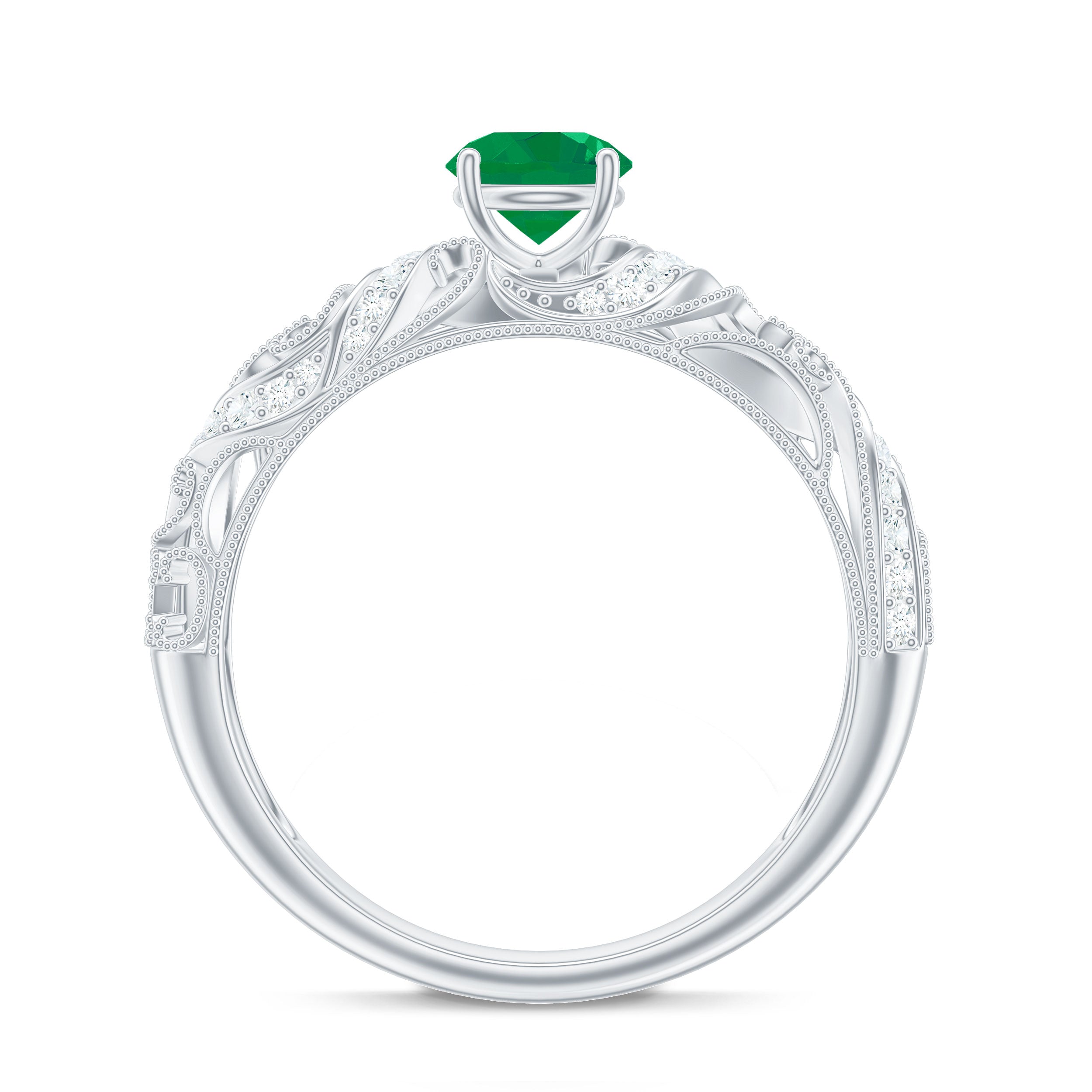 Emerald Vintage Inspired Engagement Ring with Diamond Emerald - ( AAA ) - Quality - Rosec Jewels